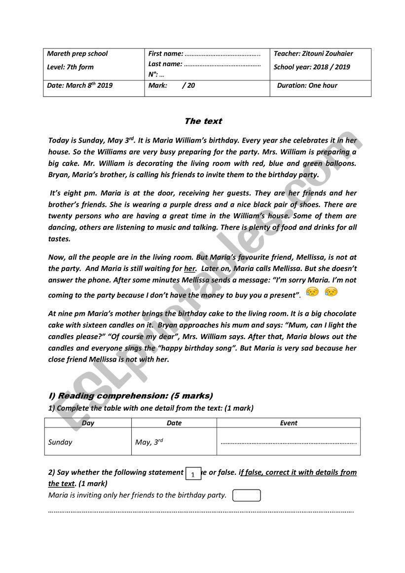 End Of Term Test N° 1 7th Form Esl Worksheet By Alwayshope 6289