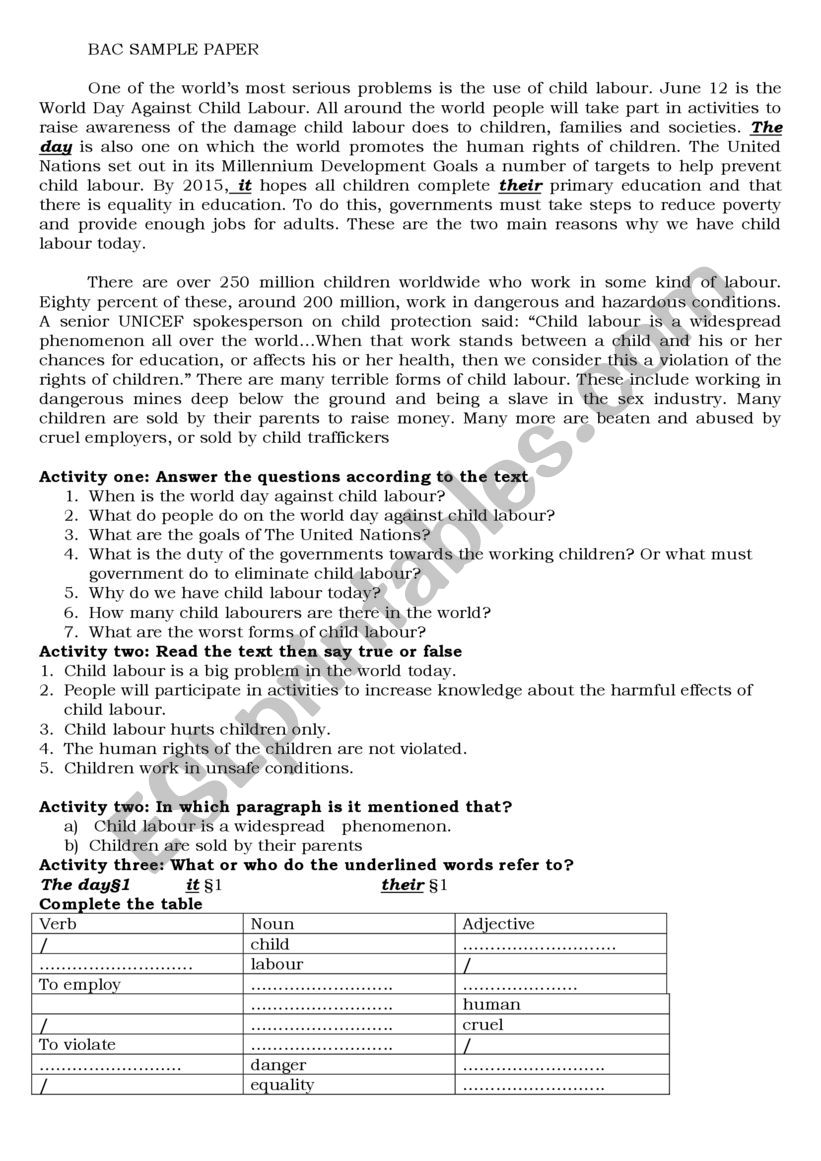 bac exam child labour worksheet