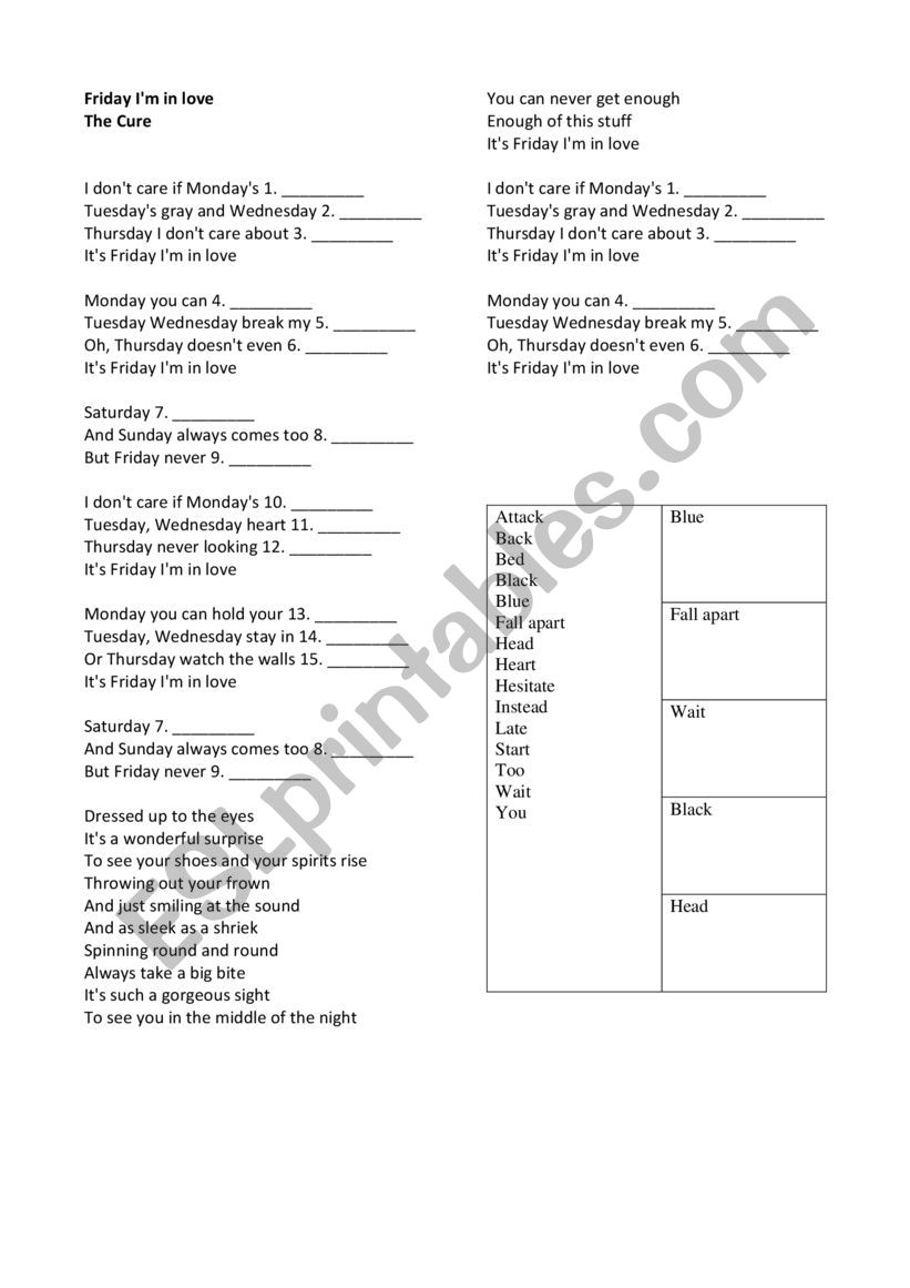 Friday-Im in Love The Cure worksheet