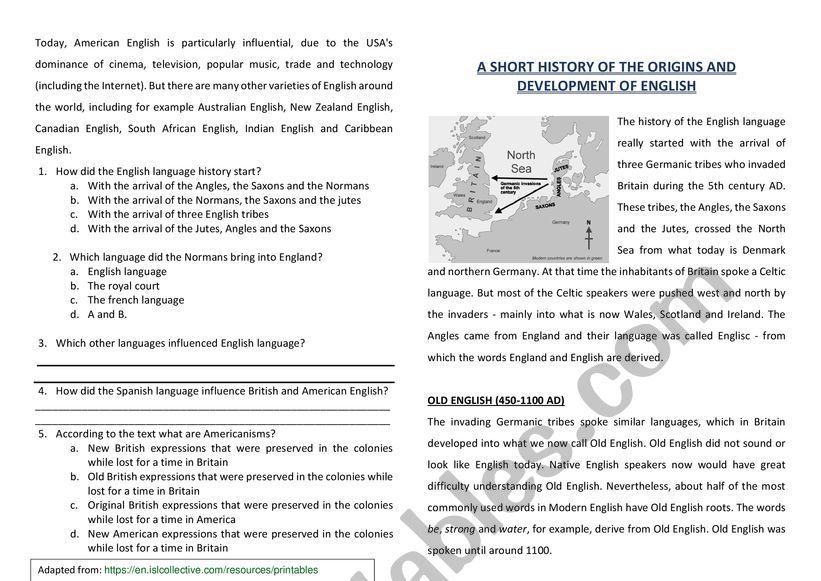 History of English worksheet