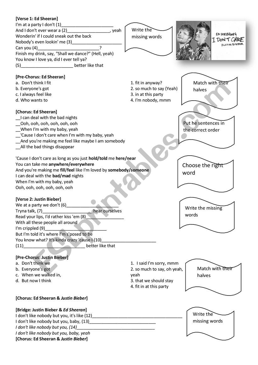 I Don´t Care- Ed Sheeran - Esl Worksheet By Ludd