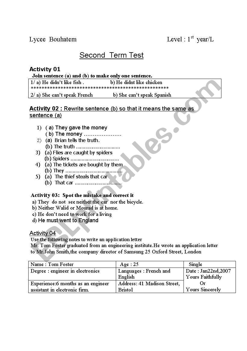 test on english worksheet