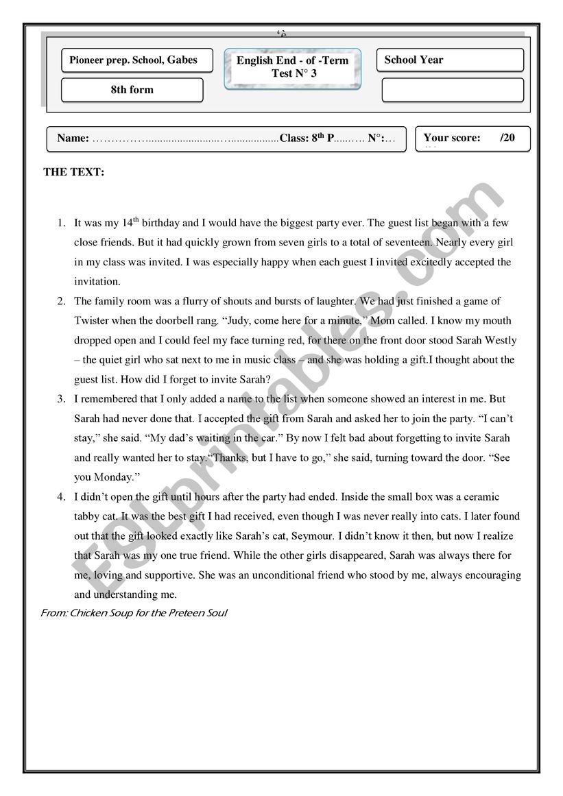 End of term test 3 8th from worksheet