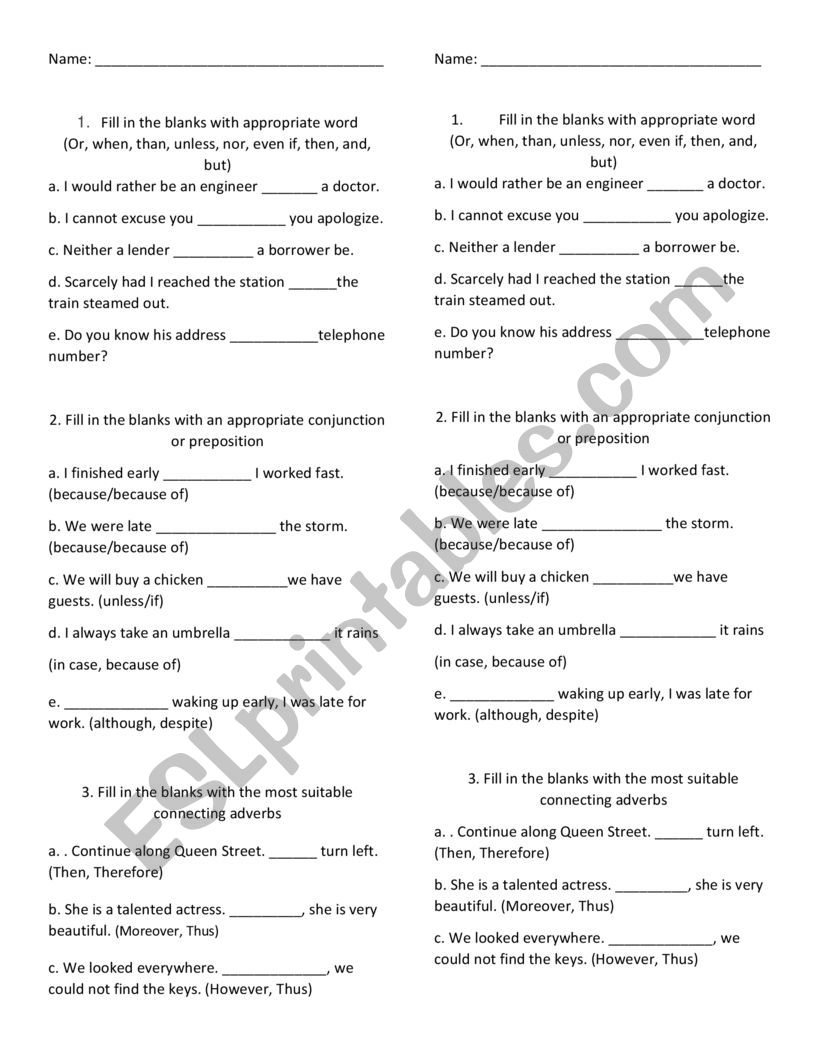 Linking words . conjunction and prepositions 