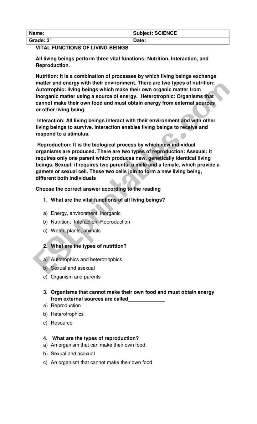 vital functions living beins worksheet