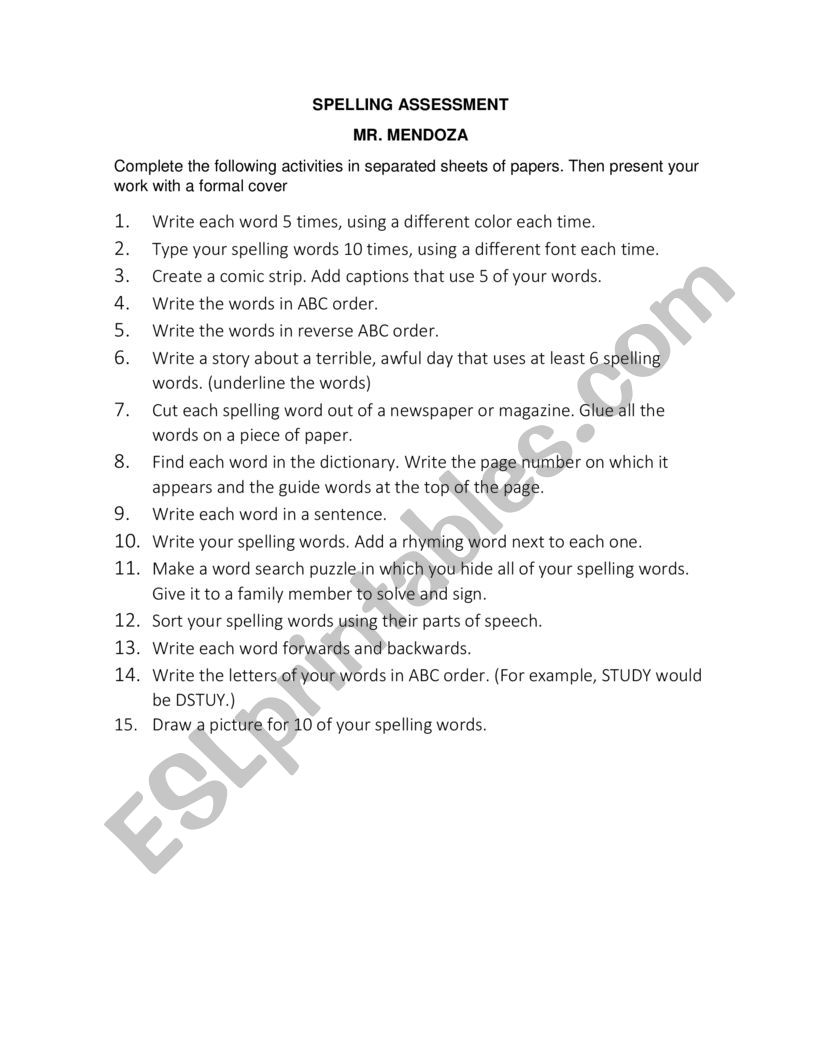 Spelling activities worksheet