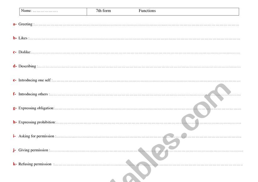 Review Functions 7th form worksheet