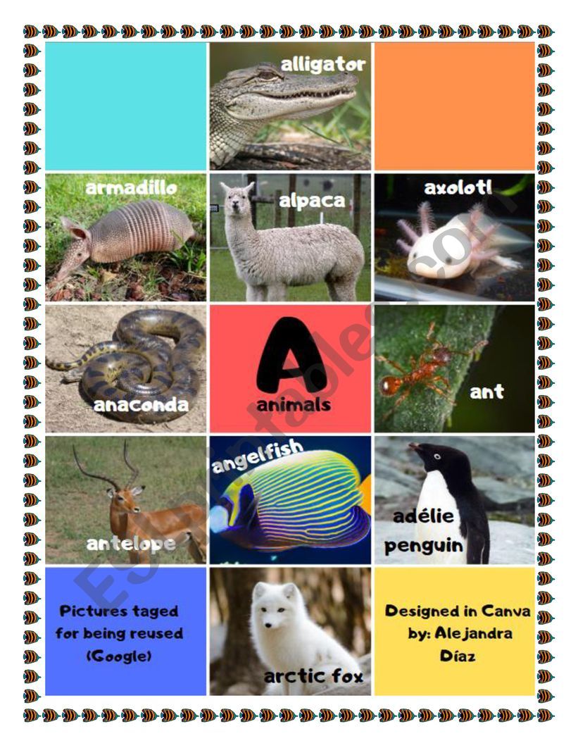 Animals starting with A worksheet