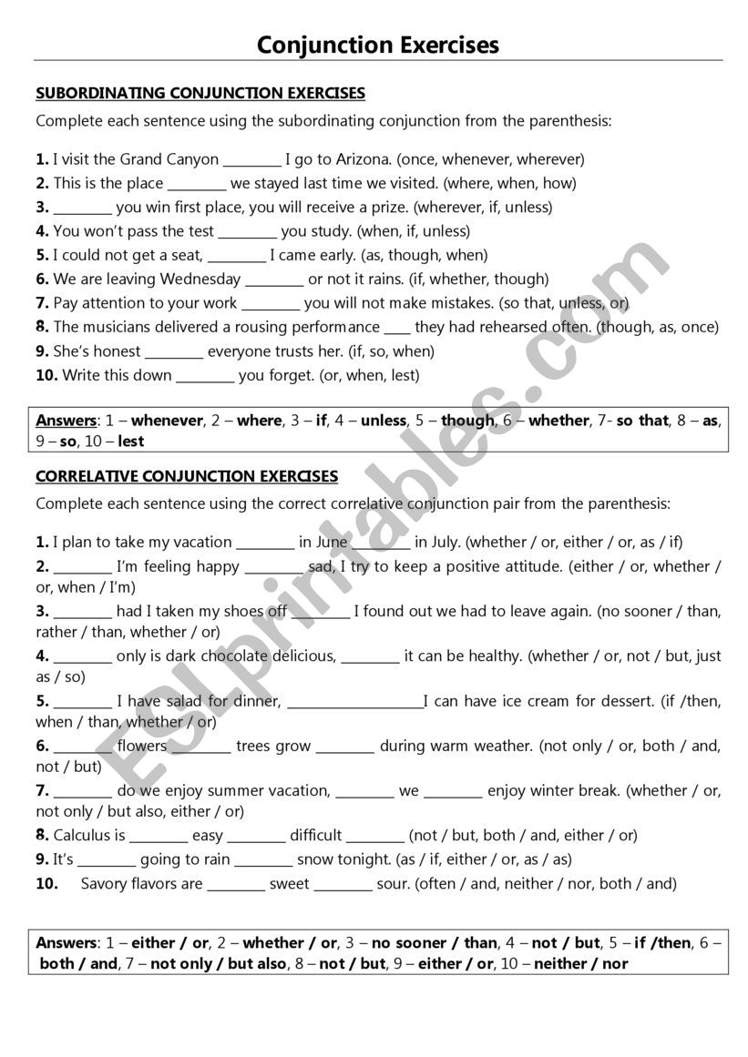 Conjunction Exercises worksheet