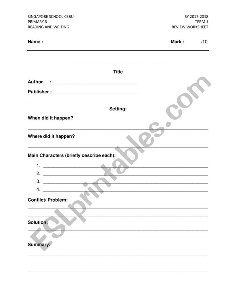 Book Report Form worksheet