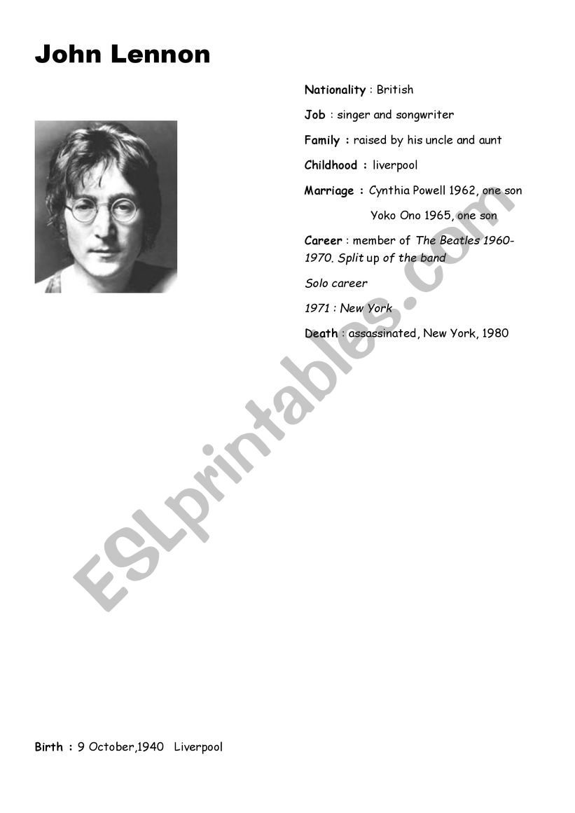 Biography John Lennon worksheet