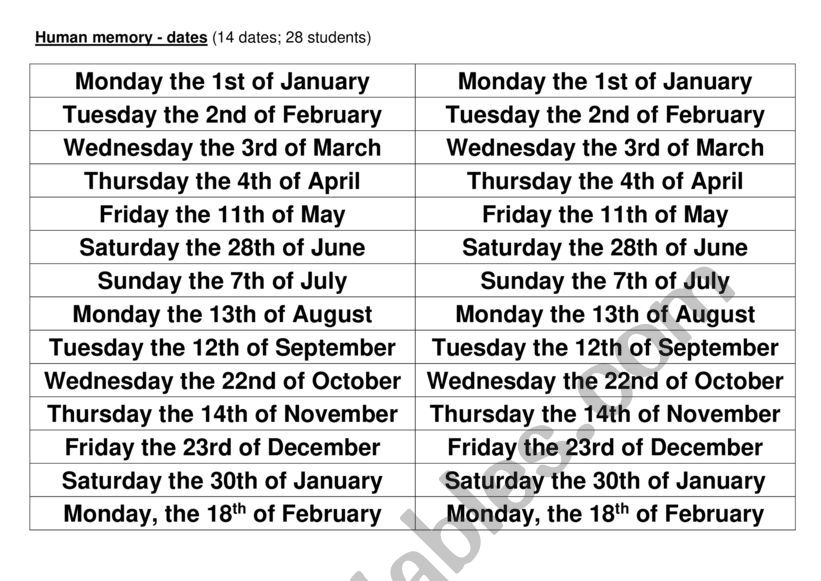 Human Memory - Dates worksheet