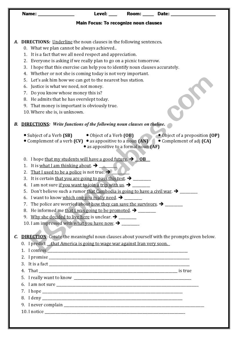 Noun Clause Worksheet 1 ESL Worksheet By Cheancheanchean