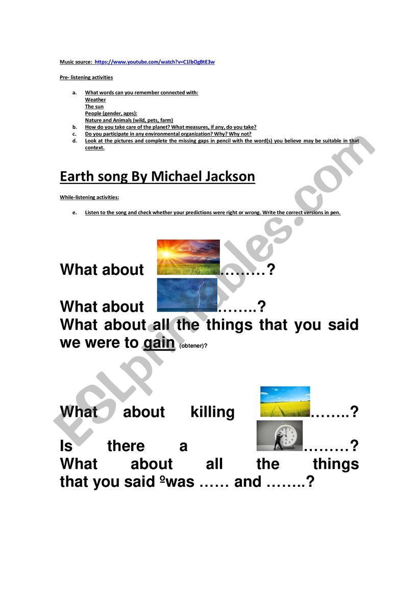 earth song worksheet