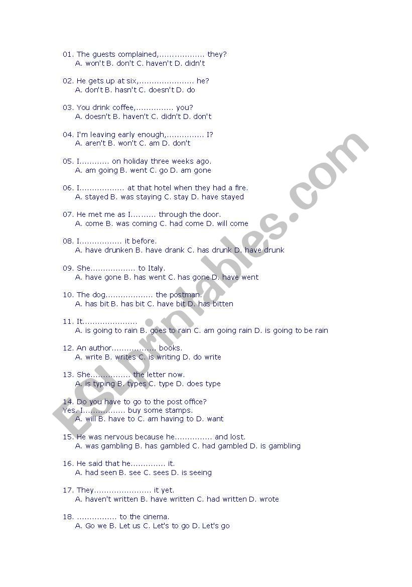 Review test for elementary worksheet