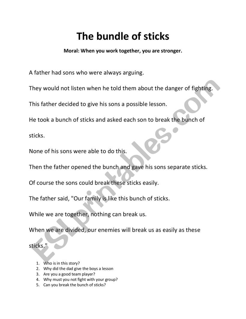 The bundle of sticks. Fable worksheet