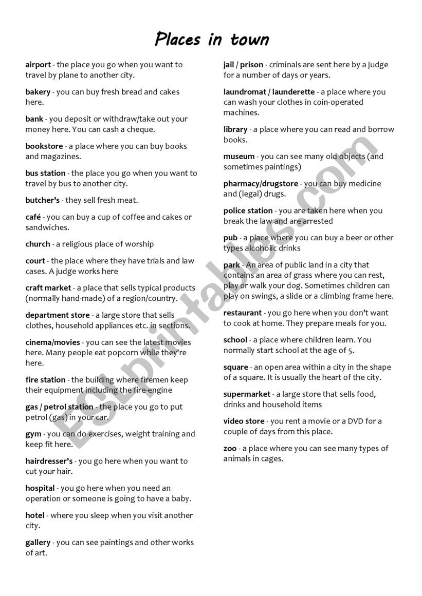 City vocabulary worksheet