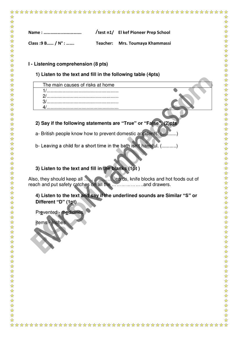 English test for 9th form worksheet