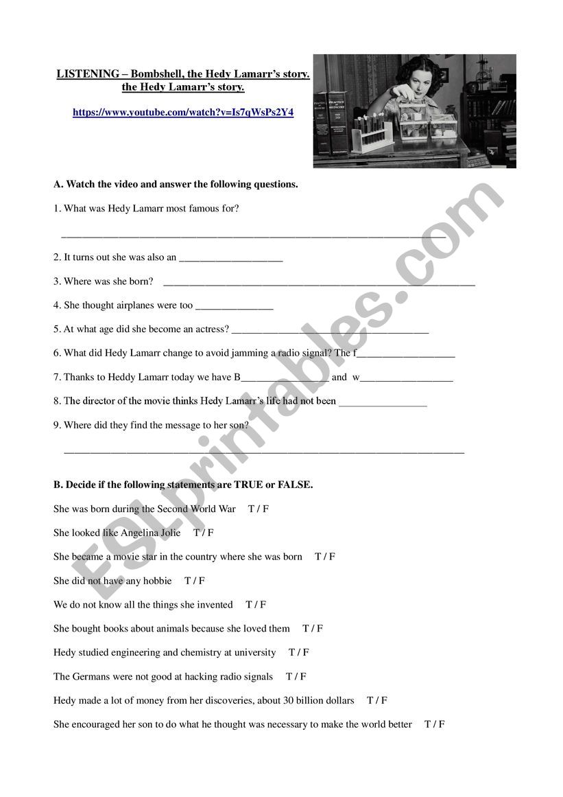 LISTENING - Hedy Lamarr worksheet