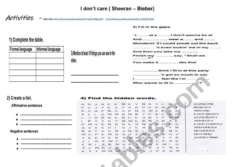 I dont care ( Sheeran - Bieber) - Worksheet 2
