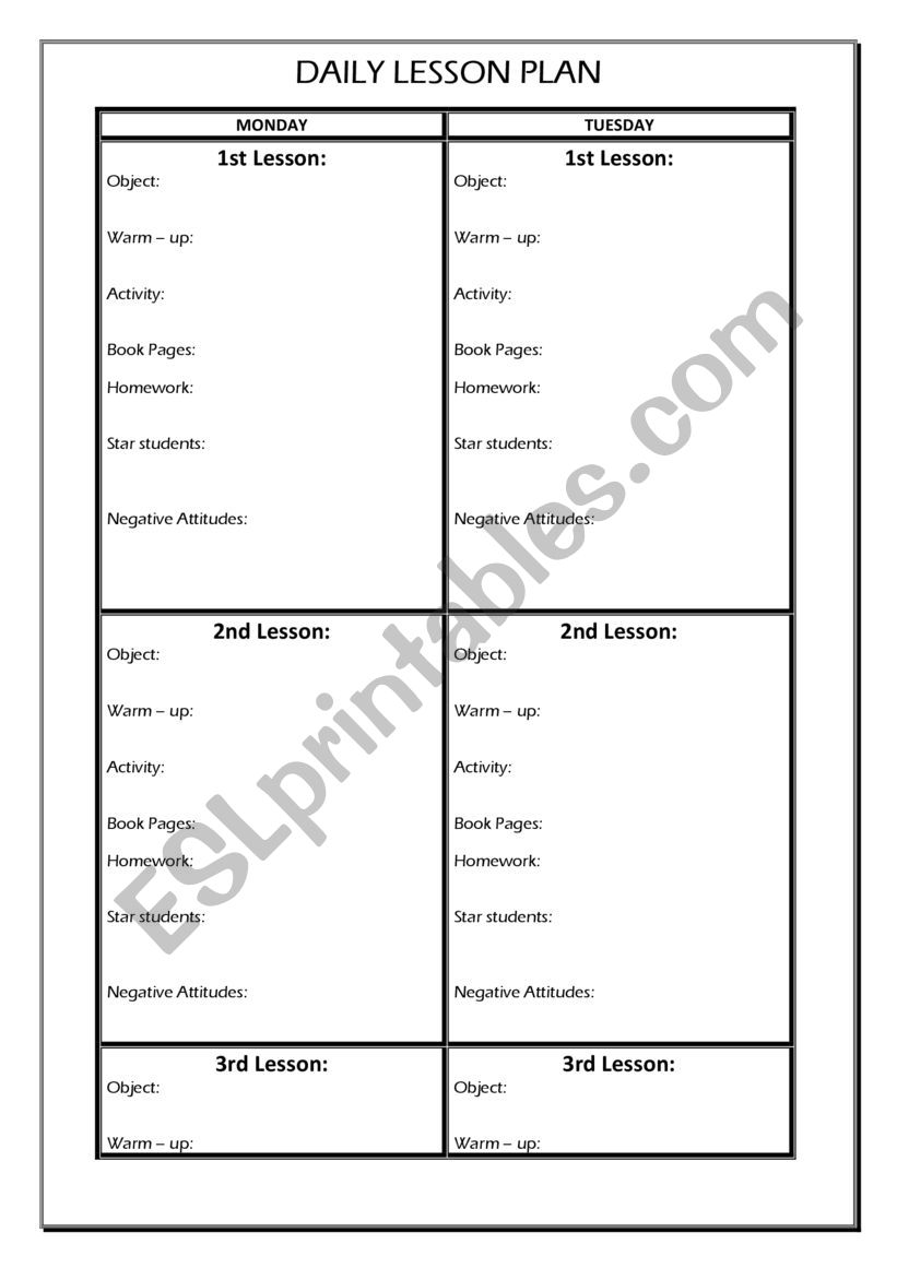 Daily Lesson Plan worksheet