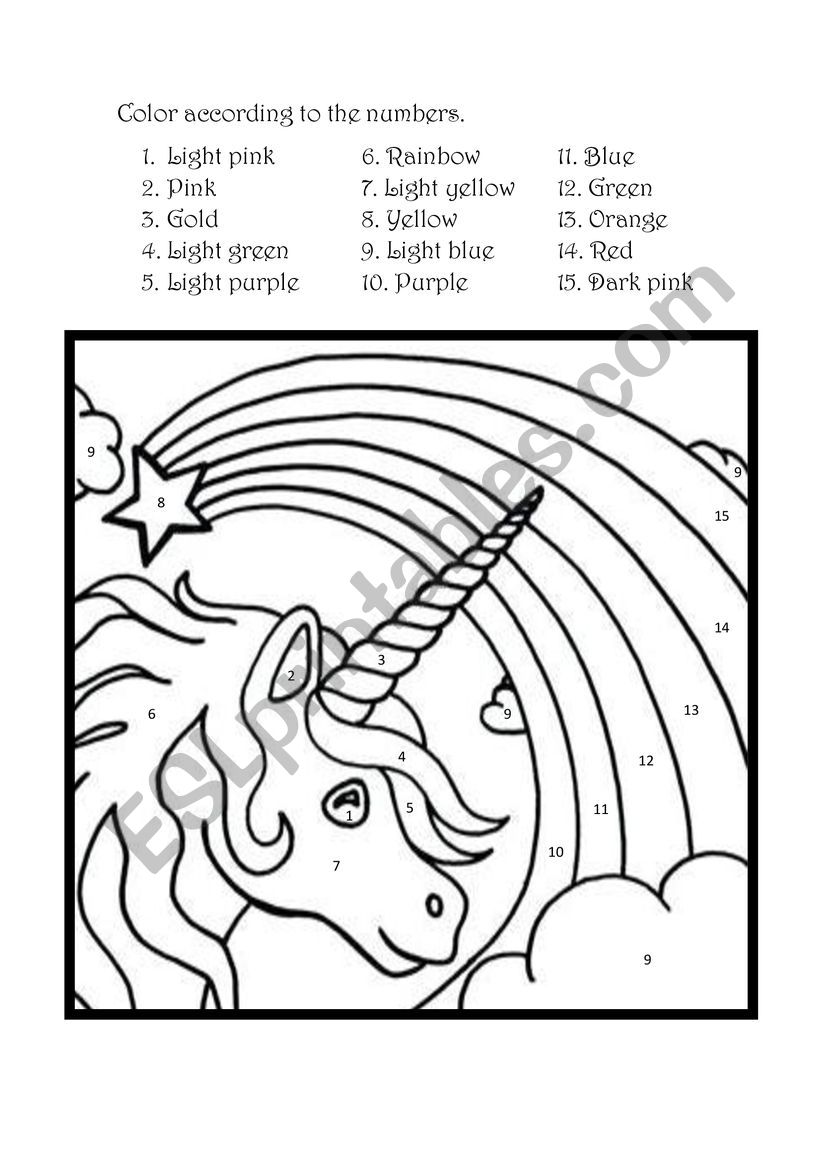 Color the unicorn according to the numbers - ESL worksheet by suzicristiane