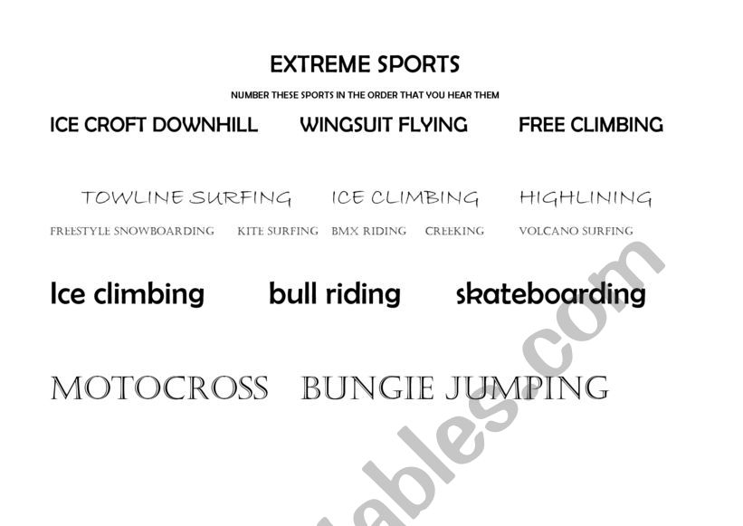 extreme sports worksheet