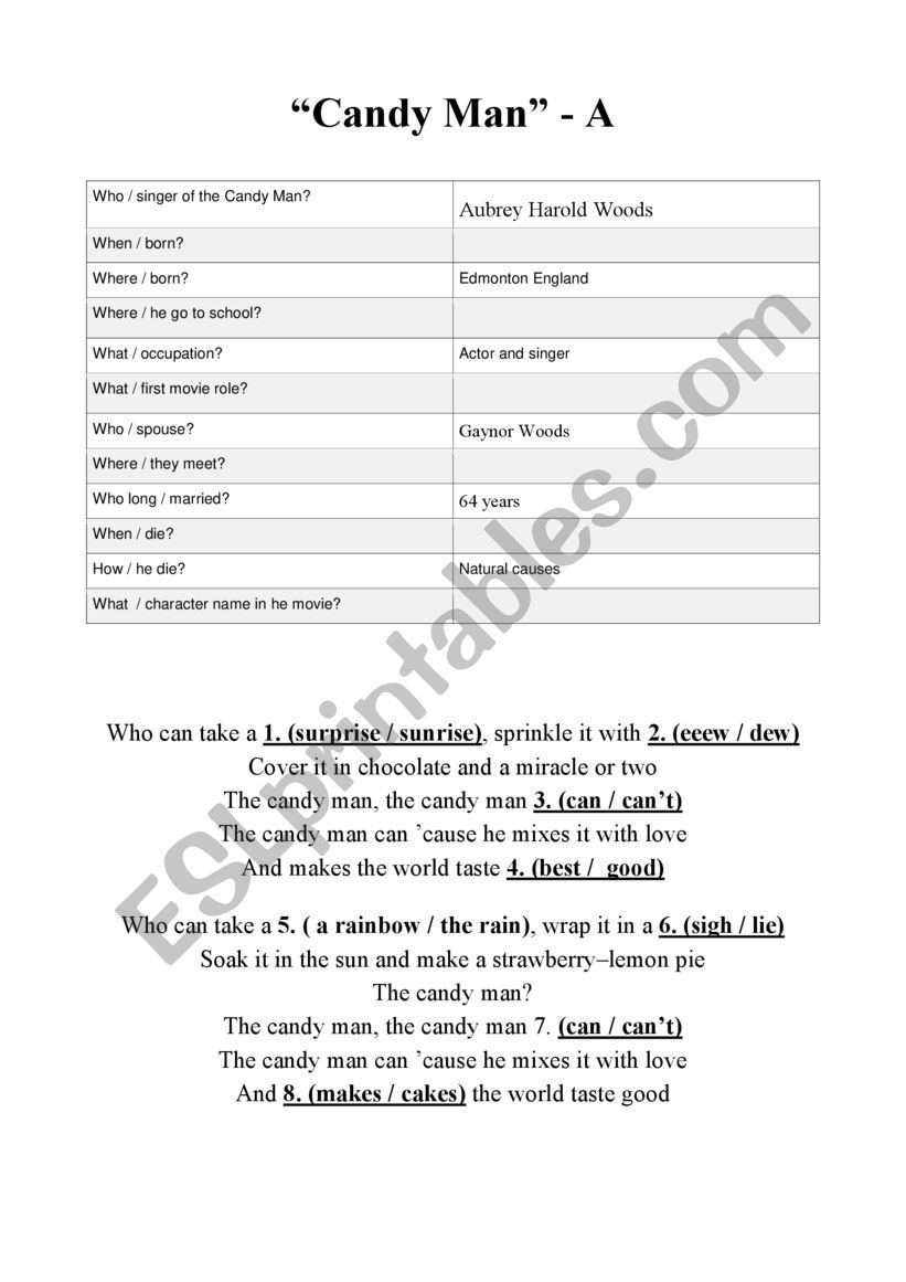 Candy Man - Willy Wonka worksheet