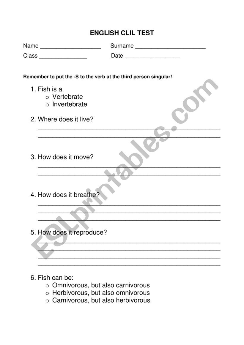 fish test worksheet