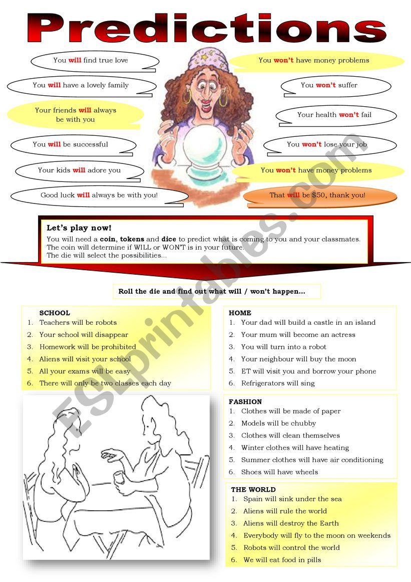 WILL WON T predictions ESL Worksheet By Pilarmham