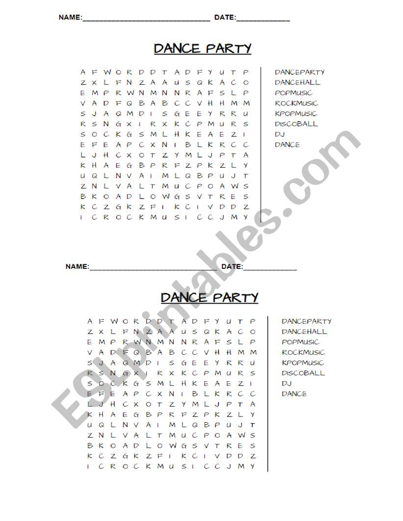 Dance party worksheet worksheet