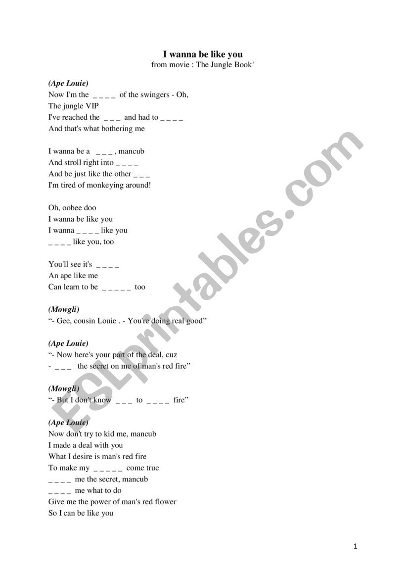 I Wanna Be Like You Jungle Book Song Fill In The Blank Esl Worksheet By Guil77