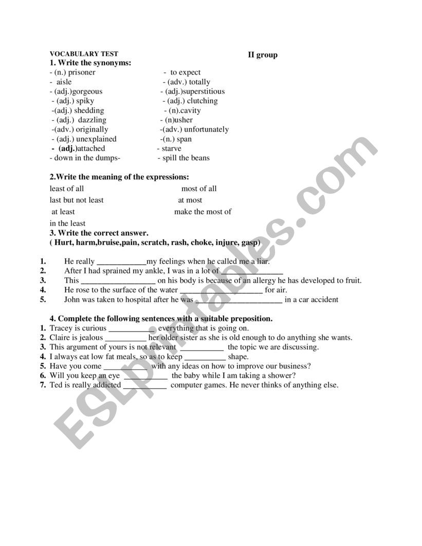 vocabulary test worksheet