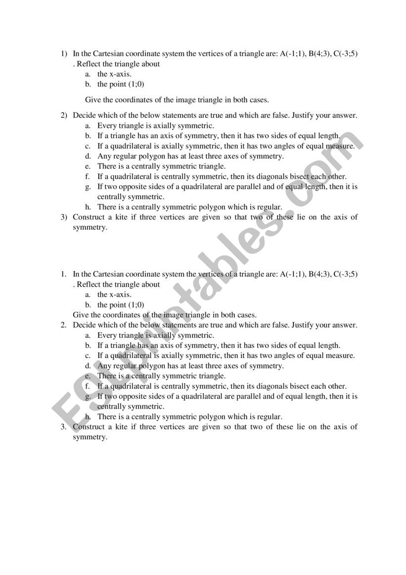 Reflections worksheet