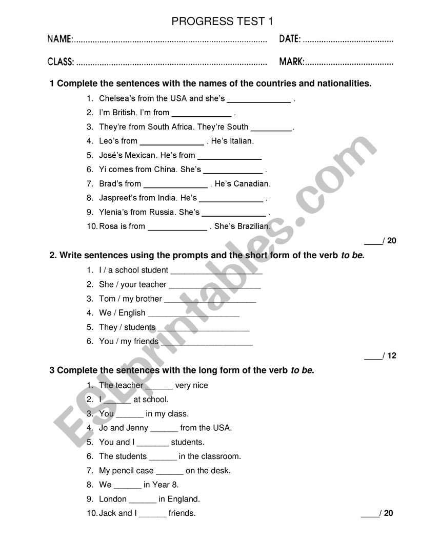 Progress test worksheet