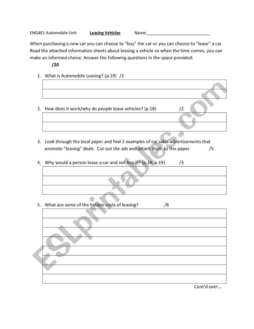 Automobile Leasing worksheet