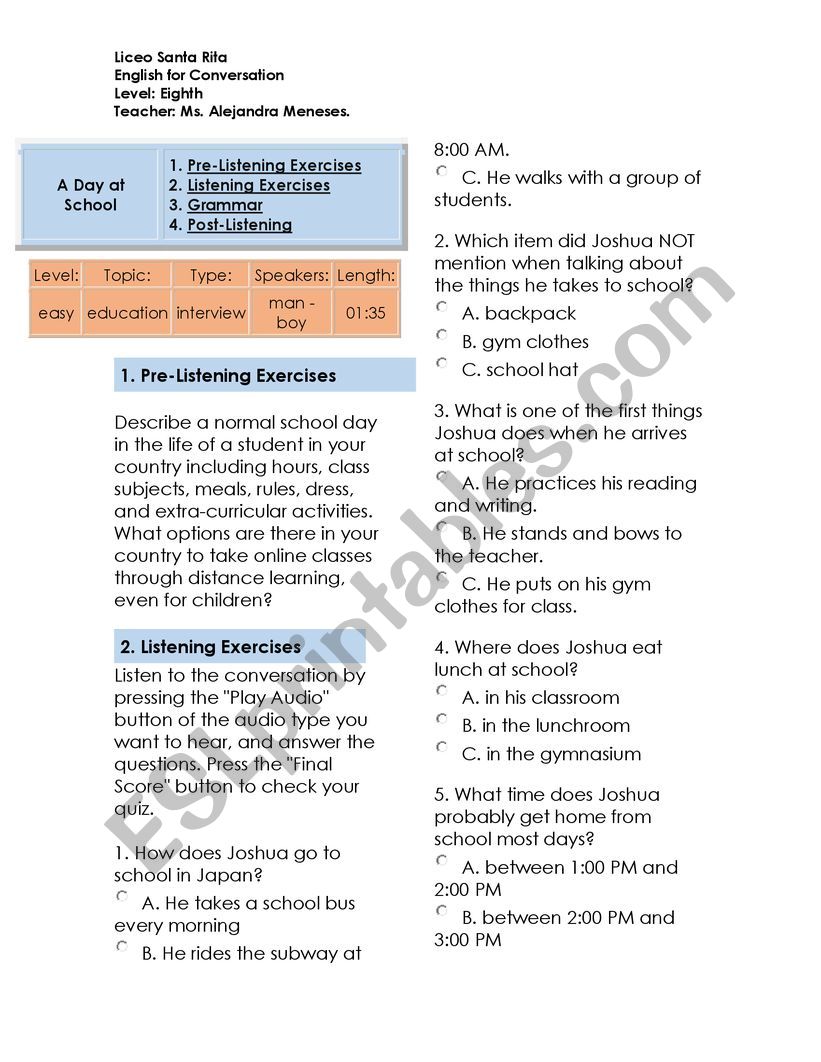 a day at the school worksheet