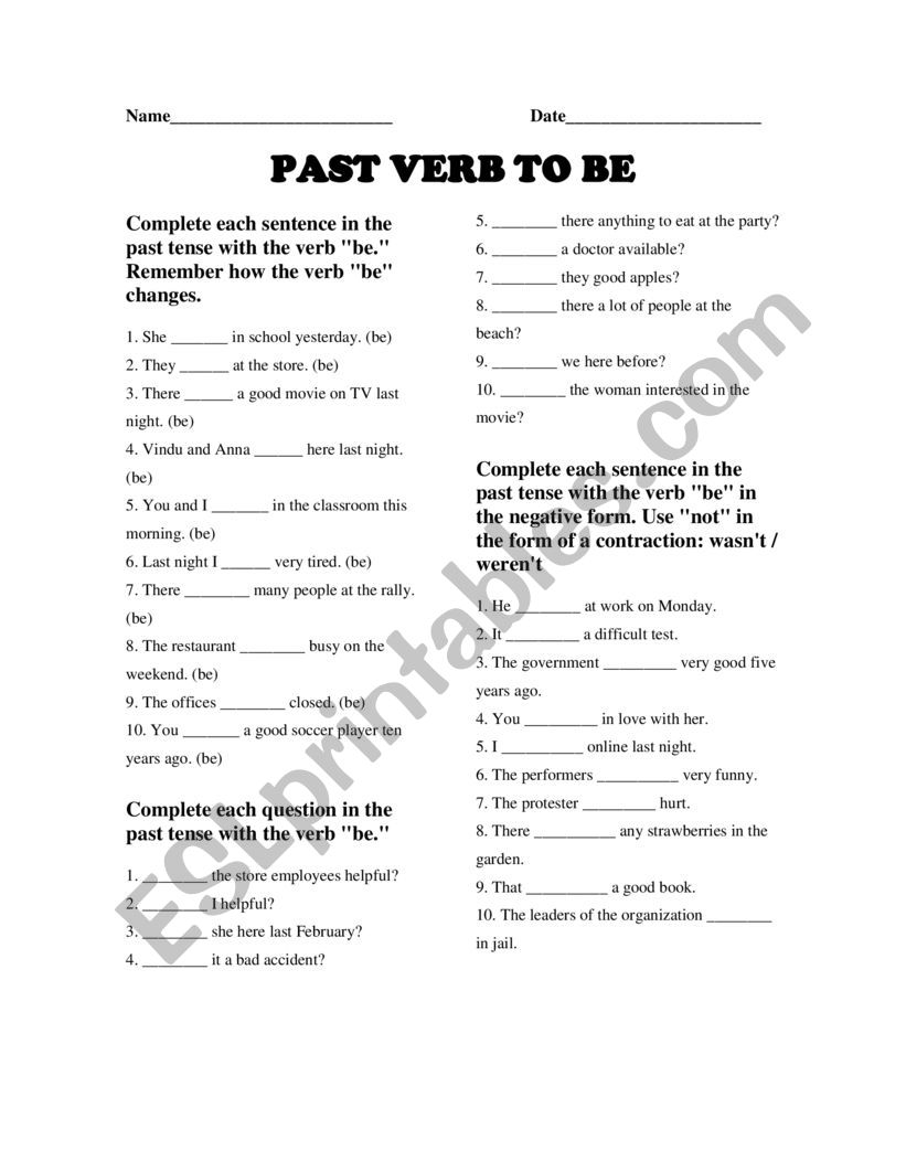 Past Verb To be worksheet