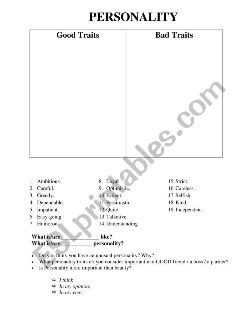 personality  worksheet