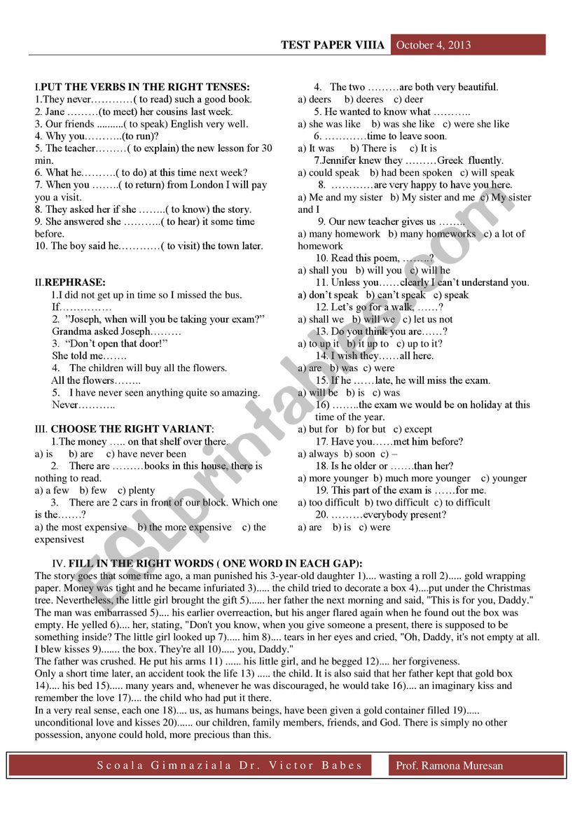 Initial Test *th Grade worksheet