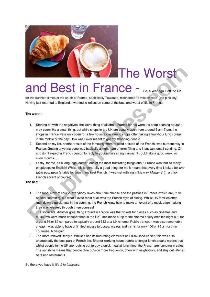 The worst and best of France worksheet