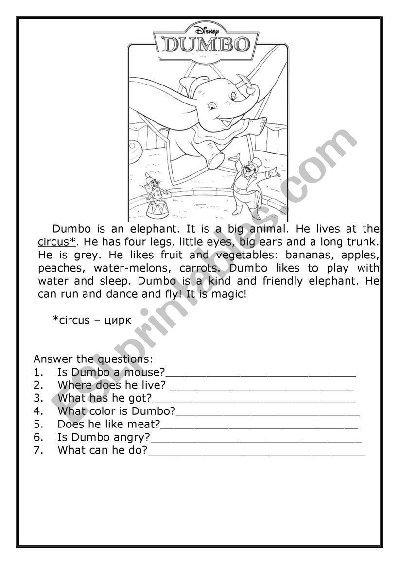 Dumbo (describe the animal) worksheet