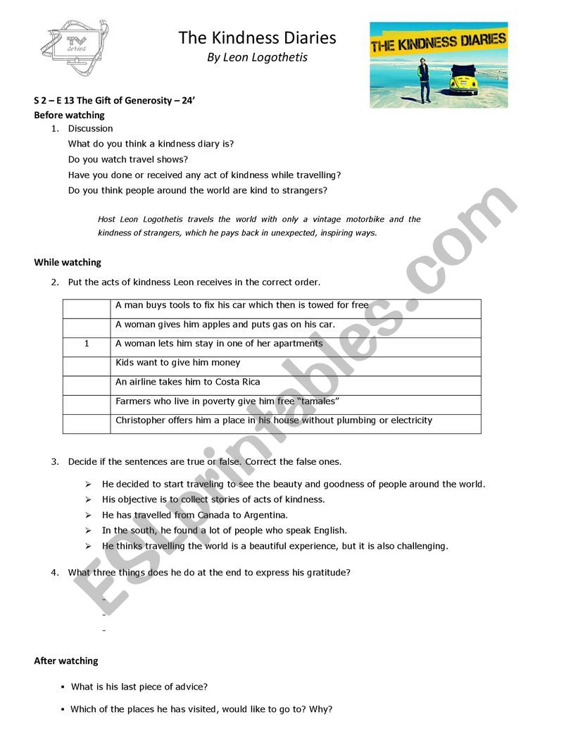 The Kindness Diaries S2 E13 worksheet