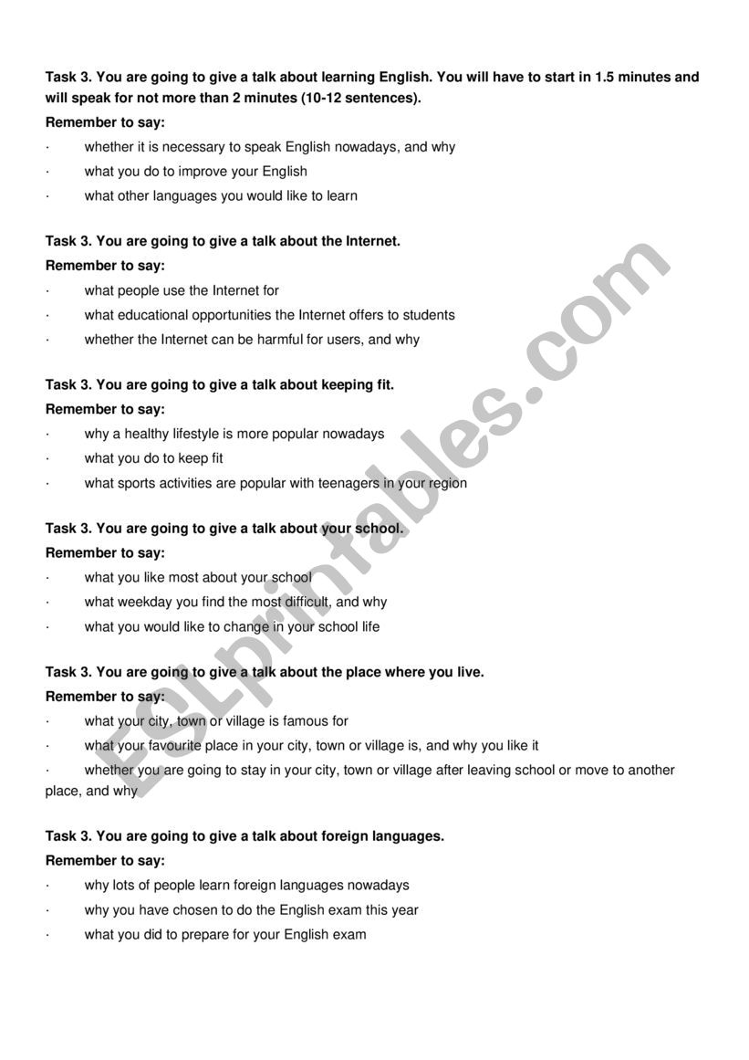 speaking exam worksheet