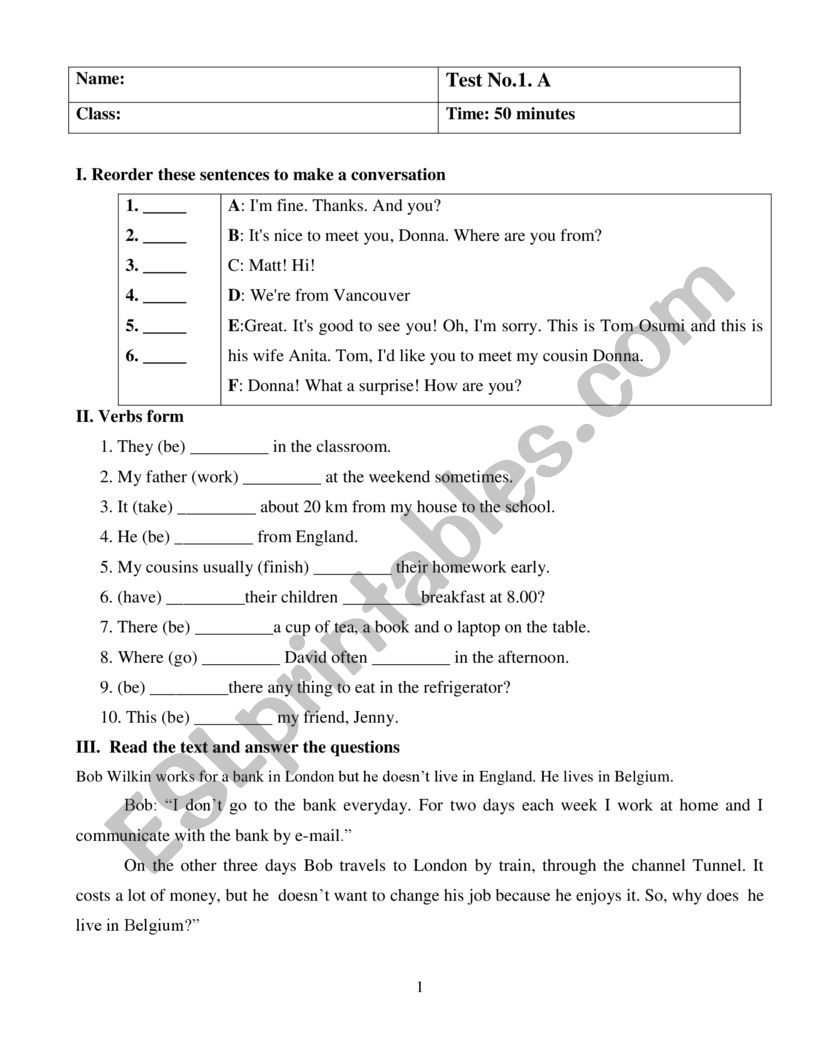 Present simple tense test worksheet