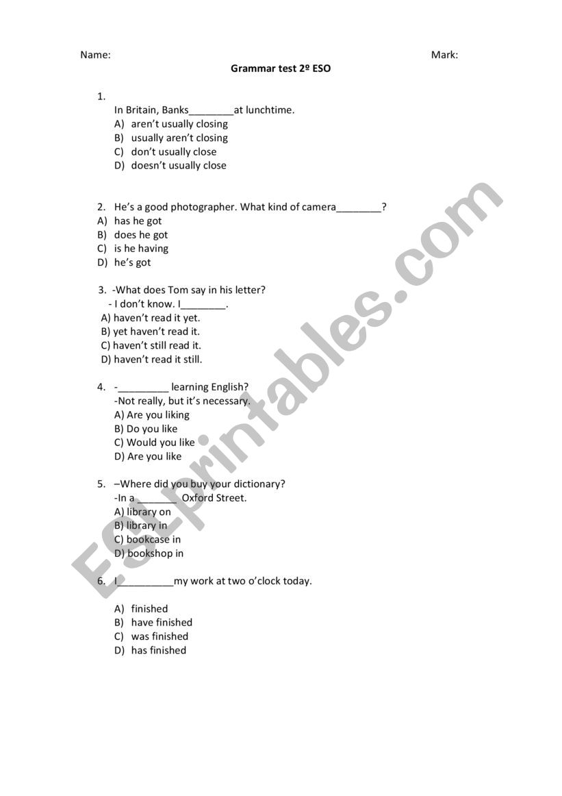 2ESO TEST (GRAMMAR) worksheet