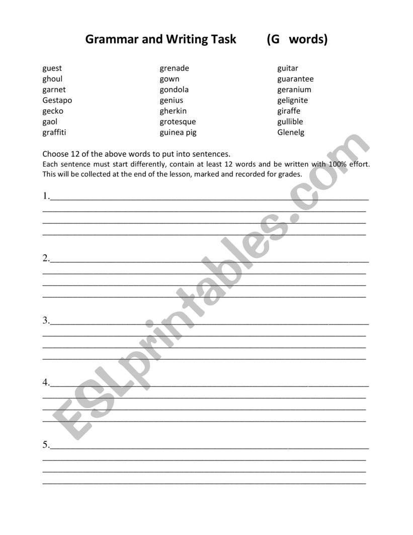 Grammar words worksheet