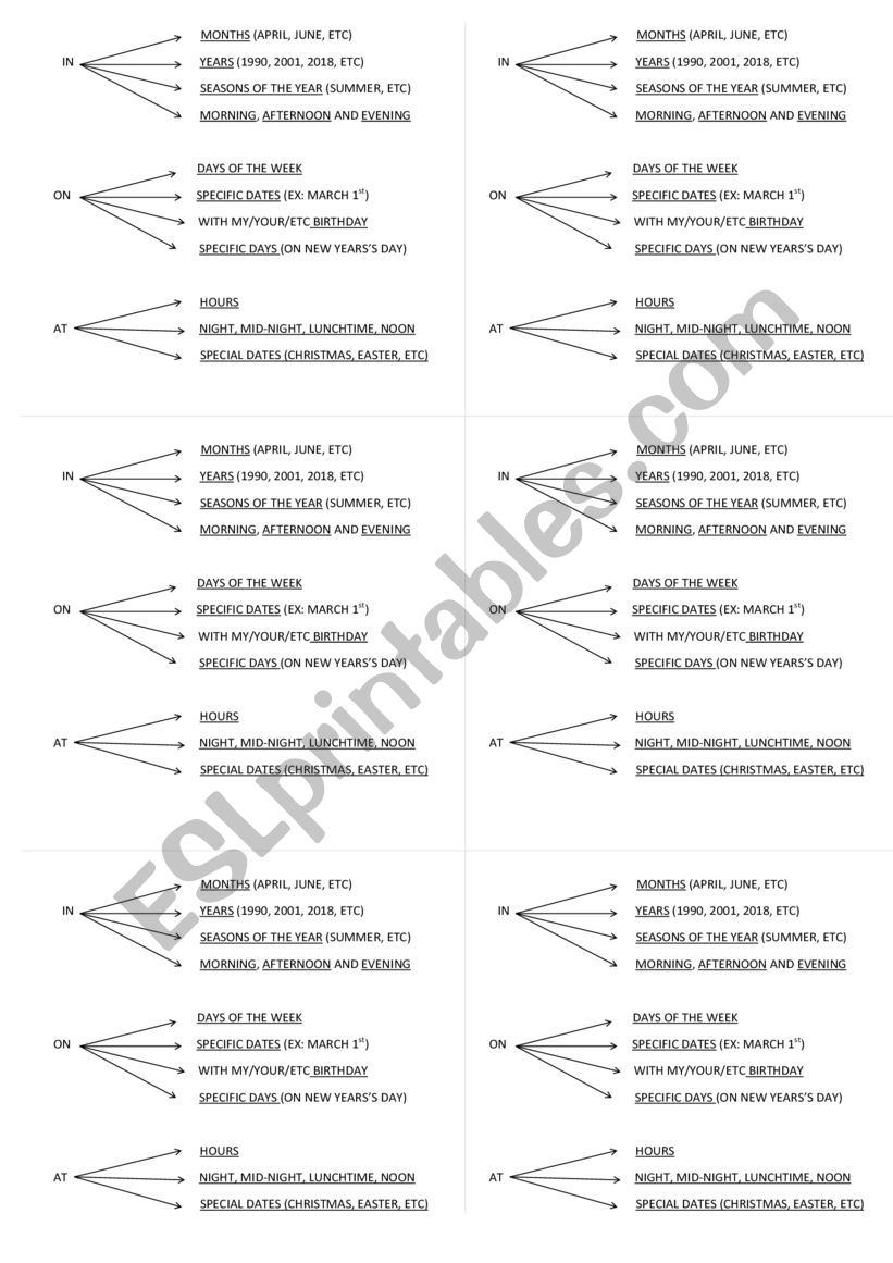 Prepositions time in on at worksheet