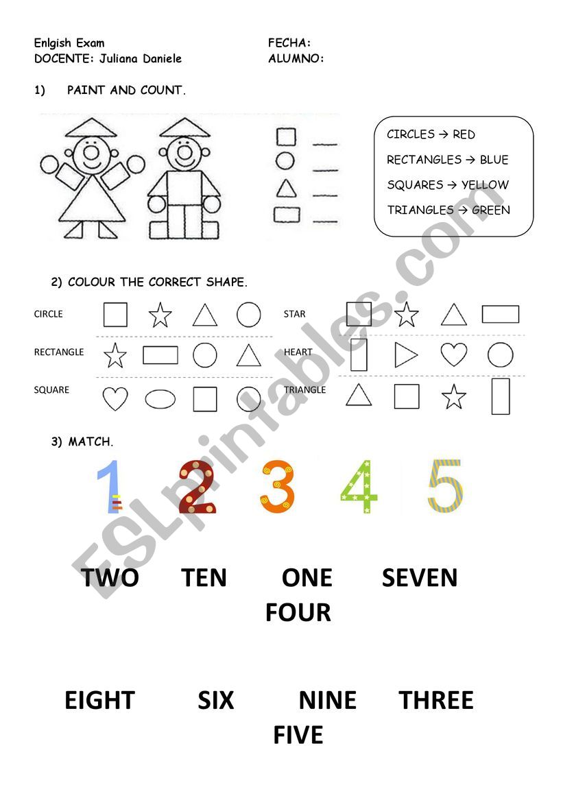 shapes, numbers and colours worksheet