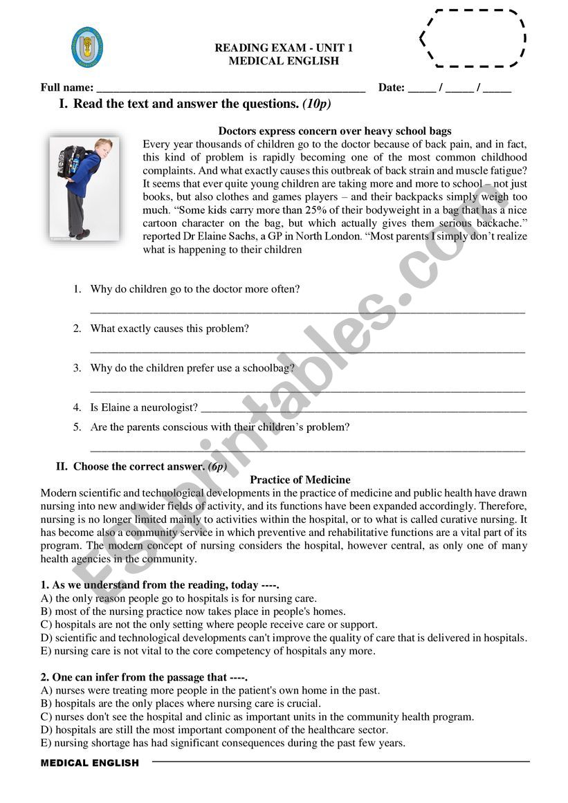 medicne english worksheet